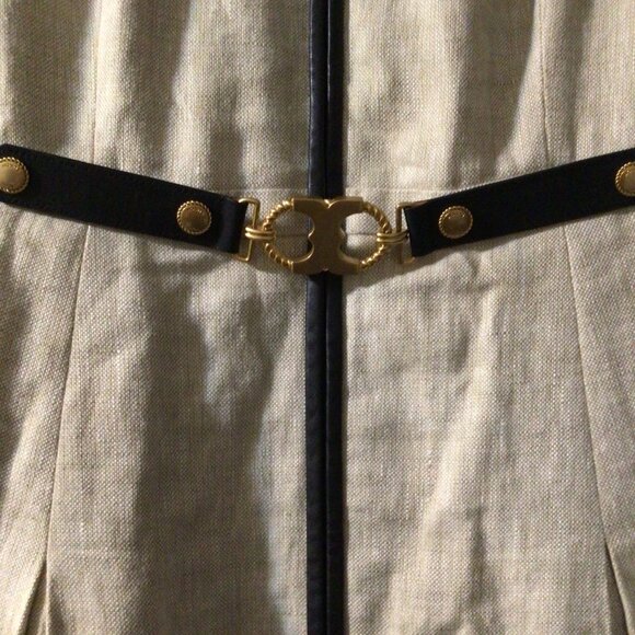 TORY BURCH Leather Trim Linen Midi Dress In New Ivory/ Safari Heavy Linen - Picture 4 of 5